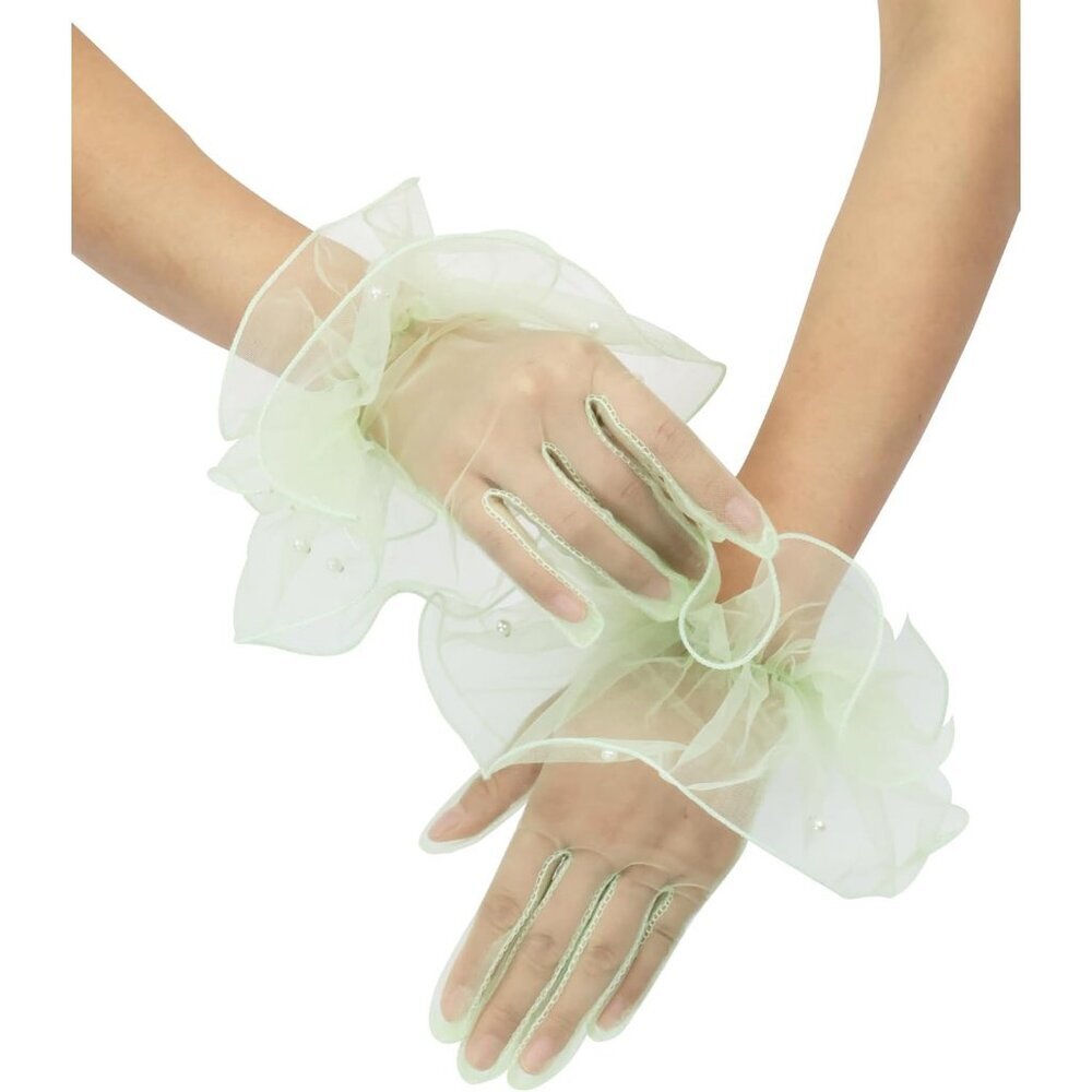 Women's Formal Evening Light Sage Short Mesh Tulle Gloves Wedding Party Costume